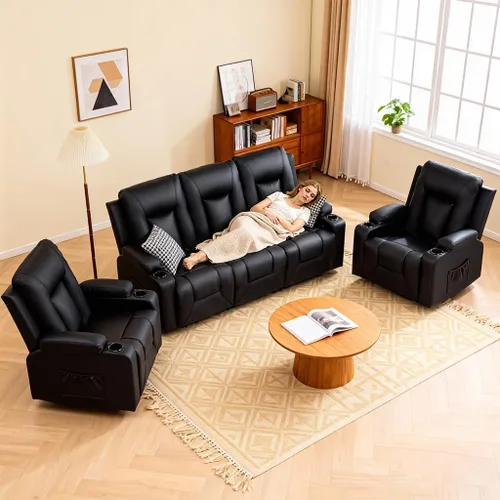 Miniatura 3 de COMHOMA Juego de muebles de sala de estar, juegos de sofá reclinable manual de piel sintética con portavasos, sofá reclinable, sofá biplaza
