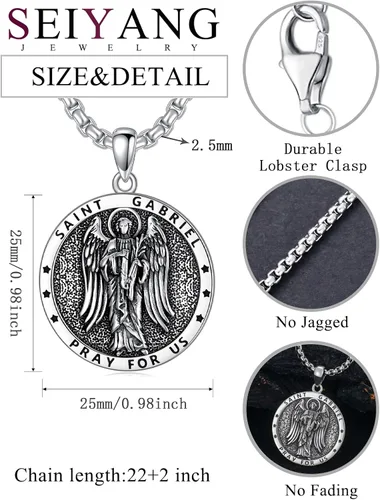 Miniatura 2 de Seiyang Collar de plata de ley 925 con medalla de amuleto para hombres y mujeres con cadena Rolo de 0.098 in, 22 pulgadas + 2 pulgadas