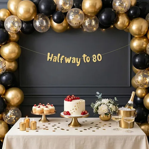 Miniatura 4 de Cartel con purpurina dorada preencordada de medio camino a 80, decoraciones de 40 cumpleaños y aniversario para hombres y mujeres, suministros