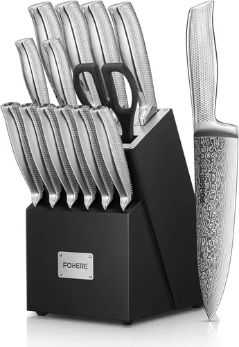 Miniatura 10 de FOHERE - Juego de cuchillos de cocina de 7 piezas con 5 afiladores integrados, juego de cuchillos de textura ondulada con bloque, juego de bloques