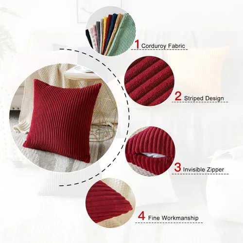 Miniatura 4 de OTOSTAR Juego de 4 fundas de almohada decorativas de pana suave a rayas color burdeos de 18 x 18 pulgadas, fundas de almohada cuadradas para sofá