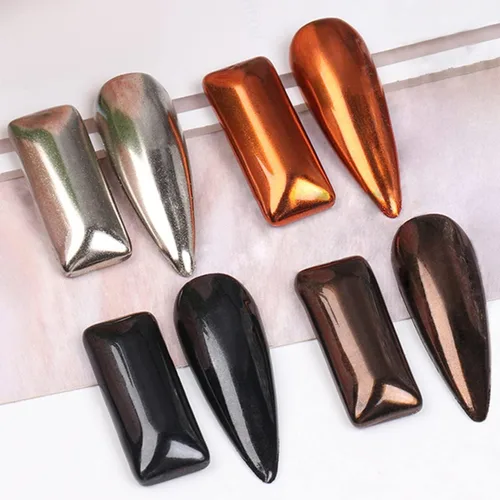 Miniatura 7 de Polvo mágico de uñas cromado, efecto espejo metálico holográfico, plateado, cobre, negro, marrón, manicura, pigmento con purpurina para diseño