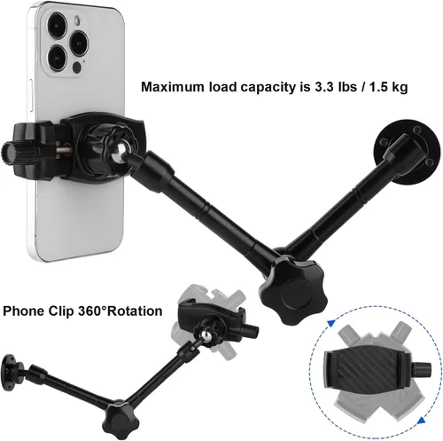 Miniatura 3 de Mippko Soporte de teléfono de montaje en pared para coche/escritorio/barco/escritorio/vehículos, soporte de aleación de aluminio ajustable de 360°