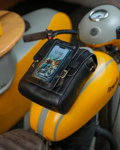 Miniatura 7 de Bolsa de tanque magnética de cuero genuino para motocicleta de Trip Machine Company con montaje en asiento trasero y cola, con correa para el hombro