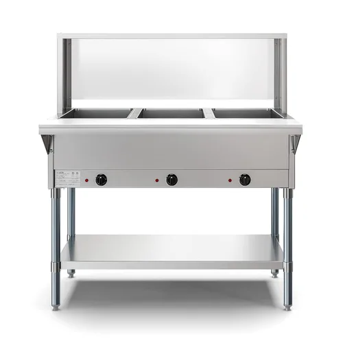 Miniatura 8 de KoolMore Mesa de vapor eléctrica de acero inoxidable de pozo abierto de 3 bandejas calentador de alimentos para bufés con protector contra