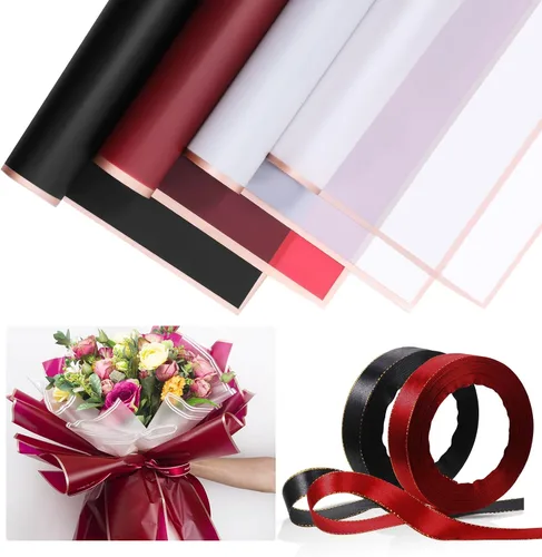 Miniatura 13 de Tenare Juego de papel de regalo de flores y cinta, 36 hojas de papel de regalo de ramo con cinta de satén de doble cara de 50 yardas para regalo