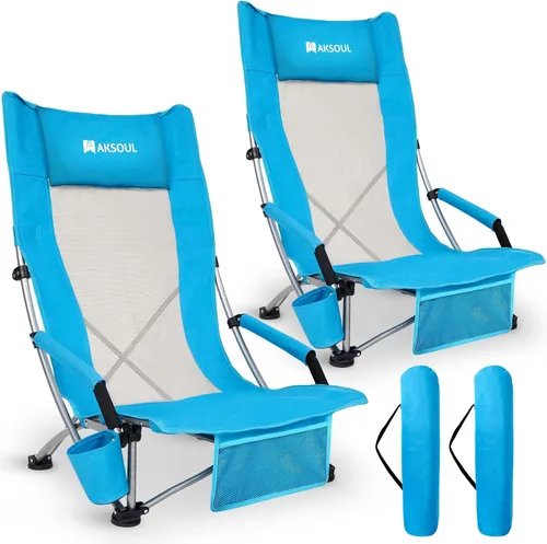 Miniatura 13 de AKSOUL Silla de playa plegable para adultos: sillas de respaldo bajo/alto con bolsa de transporte - Silla de asiento extra ancha con cómoda almohada