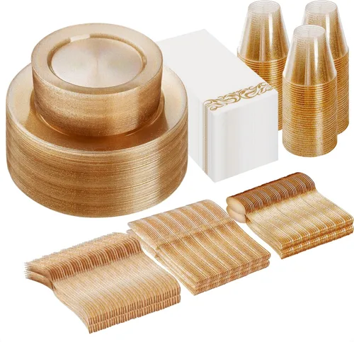 Miniatura 13 de Goodluck 700 platos de plástico dorado transparente para 100 invitados