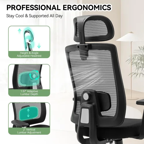 Miniatura 3 de Silla ergonómica de oficina con respaldo alto de malla, silla de escritorio de oficina con soporte lumbar ajustable, sillas de trabajo rodantes