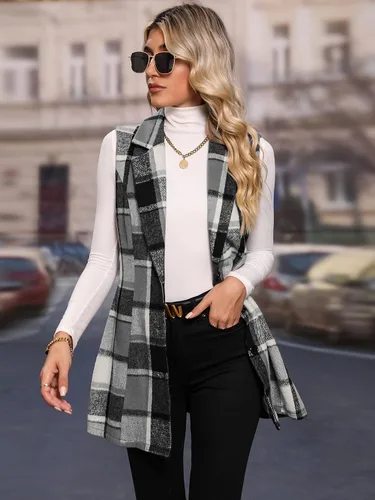 Miniatura 4 de MakeMeChic Chaleco a cuadros para mujer, casual, cuello de solapa, botón frontal, sin mangas, chaqueta para exteriores