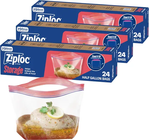 Ziploc Bolsas de adobo, fondo expandible con pestañas fáciles de abrir, medio galón, 24 unidades, paquete de 3 (72 bolsas en total)