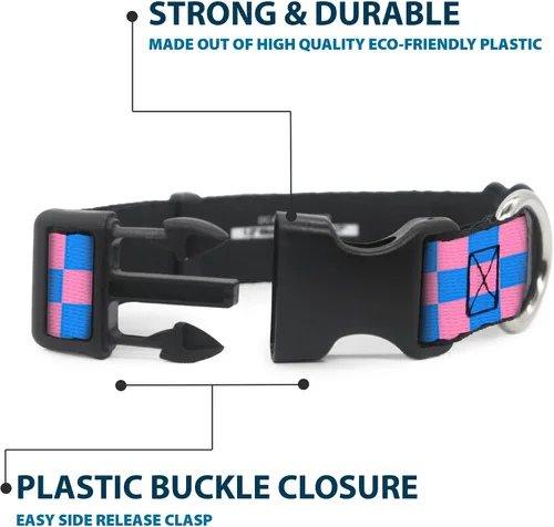 Miniatura 4 de Collar de clip de plástico BUCKLE-DOWN Checker – Color Negro/Rosa – 1/2" de ancho – Compatible con cuello de 9 – 15" – grande