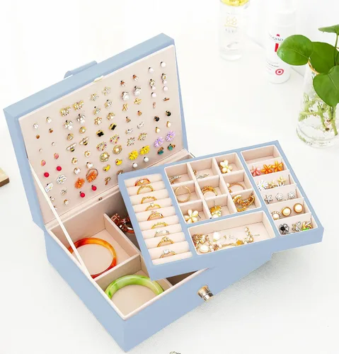 Miniatura 187 de Joyero de pendientes para mujeres y niñas, organizador de aretes de 5 capas, caja organizadora de joyas blanca con candado, collares y aretes
