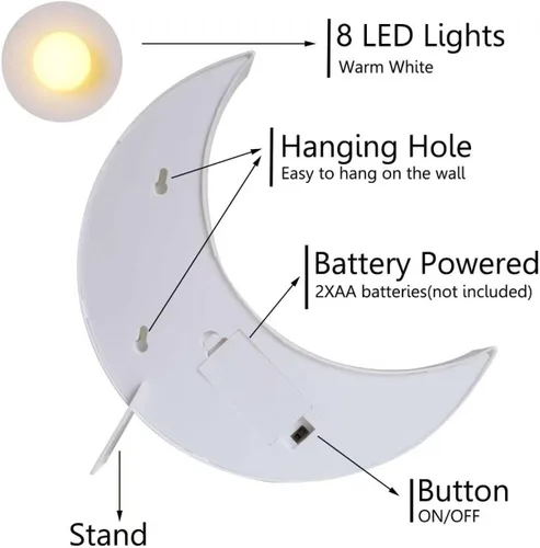 Miniatura 6 de Letreros LED de marquesina en forma de luna, luces nocturnas iluminadas a pilas, lámpara de luna creciente para dormitorio, Navidad, decoración