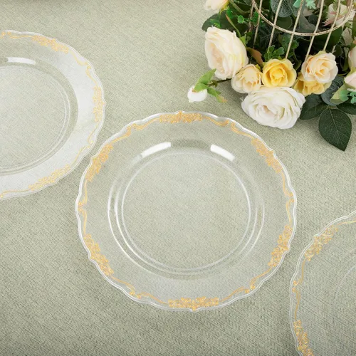 Miniatura 5 de DaYammi 60 piezas de platos de plástico transparente dorado elegantes platos desechables transparentes resistentes premium de 10.25 pulgadas