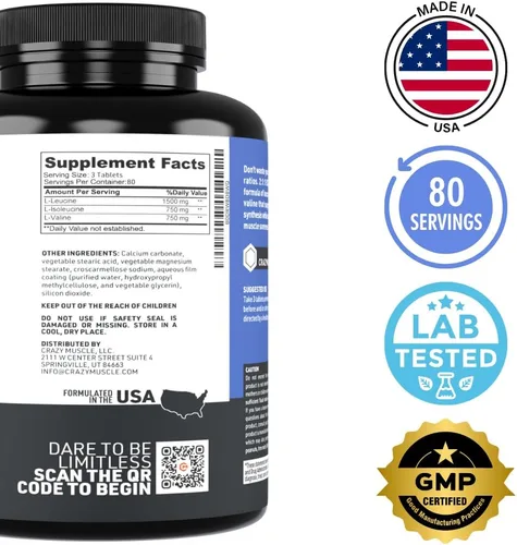 Miniatura 5 de Crazy Muscle Píldoras BCAA de 3000 mg (suministro de 2 meses) con la proporción óptima de 2:1:1 de aminoácidos de cadena ramificada