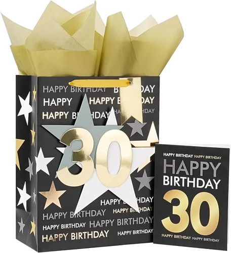 Miniatura 14 de Loveinside Bolsa de regalo de cumpleaños con papel de seda y tarjeta de felicitación para cumpleaños 40 – 10 x 5 x 13 pulgadas, 1 unidad, oro negro