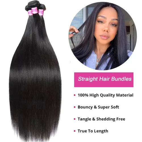 Miniatura 2 de 3 manojos de cabello humano lacio 100% sin procesar virgen brasileño paquetes de 10, 12, 14 pulgadas, mechones de cabello humano corto sin procesar