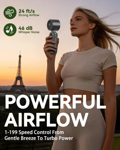 Miniatura 5 de Ventilador de mano portátil con refrigeración por hielo, ventilador turbo de alta velocidad de 24.6 ft/s, ventilador de cuello personal plegable 4