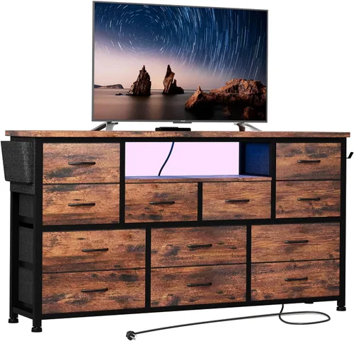 LIVEHOM Cómoda Soporte para TV con toma de corriente y LED para TV de 45'', cómoda larga para dormitorio con 12 cajones, mesa consola ancha para