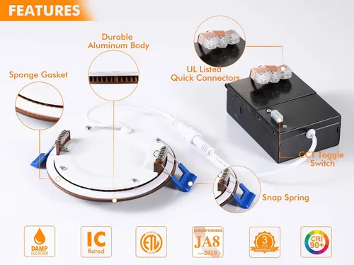 Miniatura 6 de CLOUDY BAY Lámpara de techo empotrable LED ultrafina, 4 pulgadas, 3000 K, 4000 K, 5000 K, regulable 10 W CRI90+, luz sin lata con caja