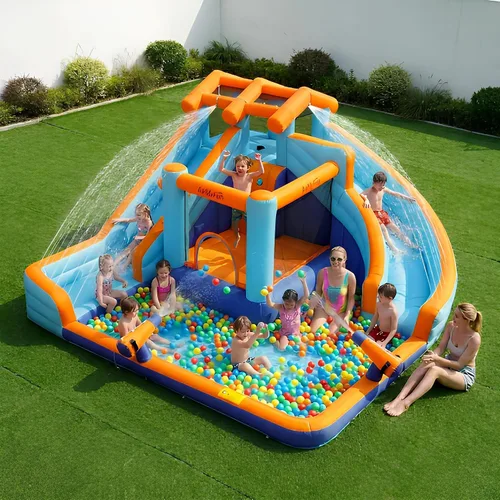 AirMyFun Tobogán acuático inflable para patio trasero de niños, Mega parque acuático 9 en 1 con toboganes de carreras duales, pista deslizante larga