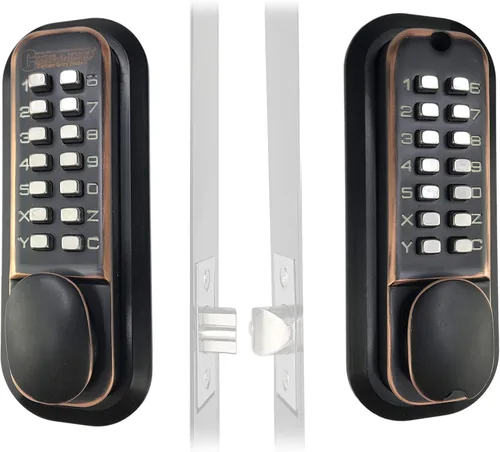 Cerradura de puerta mecánica sin llave, combinación con doble teclado, no necesita batería ni electricidad. Bronce frotado con aceite