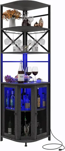 Gabinete de bar de vino con toma de corriente, gabinete de vino industrial de 6 niveles con luz LED y soporte para vidrio, gabinete de barra de