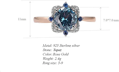 Miniatura 2 de Anillo de topacio chapado en plata de ley 925 para mujer, anillo de compromiso y boda de topacio azul