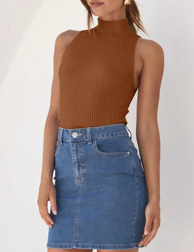 Miniatura 8 de ZESICA Camisetas sin mangas de verano para mujer, cuello de tortuga, de punto acanalado, ajustadas, básicas, casuales