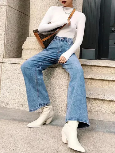 Miniatura 4 de HDLTE - Jeans de pierna ancha para mujer, pantalones holgados de cintura alta, pantalones de mezclilla tipo boyfriend Y2K