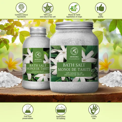 Miniatura 9 de AROMATIKA - Sal de baño Monoi de Tahiti 21.16 oz (600 g) – Aroma de flores de coco y gardenia – Baño relajante – Buen sueño – Aromaterapia – Baño