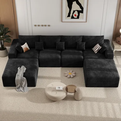 Miniatura 20 de Sofá cama seccional modular de 113", sofás de nube convertibles para sala de estar con otomana, juego de sofá cama de pana sin estructura de 6 Gris