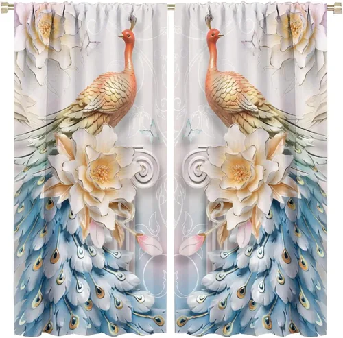 Miniatura 19 de Cortina opaca con estampado de pavo real, con estampado de animales retro, con bolsillo para cortinero y flores de peonía doradas, para dormitorio