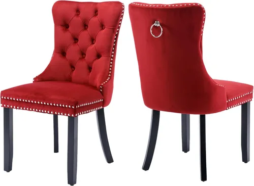 Miniatura 52 de Juego de 2 sillas de comedor de terciopelo, silla de comedor tapizada de alta gama con tirador de anillo en la espalda, adorno de clavos y patas