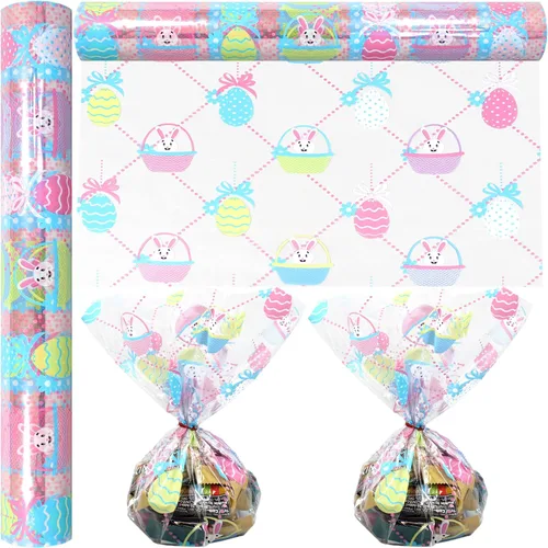 AnapoliZ Rollo de celofán de Pascua | 100 pies de largo x 16 pulgadas de ancho de 2.3 mil de grosor, transparente, diseño de papel de regalo de
