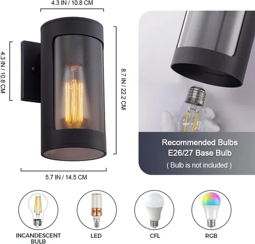 Miniatura 3 de Cerdeco Luces de pared negras para exteriores, luz cilíndrica de aluminio para porche con vidrio transparente, apliques de pared modernos