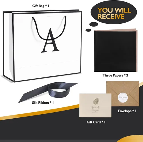 Miniatura 2 de QLSKO - Bolsa de regalo con monograma personalizada, bolsa de papel con inicial personalizada con tarjeta, sobre a juego, cinta con lazo y papel