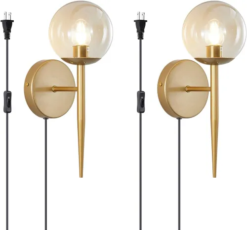 Miniatura 13 de BOKT Juego de 2 apliques de pared dorados cepillados, con cable enchufable, moderno de mediados de siglo, apliques de pared con forma de globo