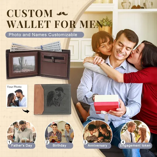 Miniatura 18 de Carteras personalizadas para hombres, cartera personalizada para hombre con imagen grabada y nombre, billetera delgada de cuero plegable, regalos