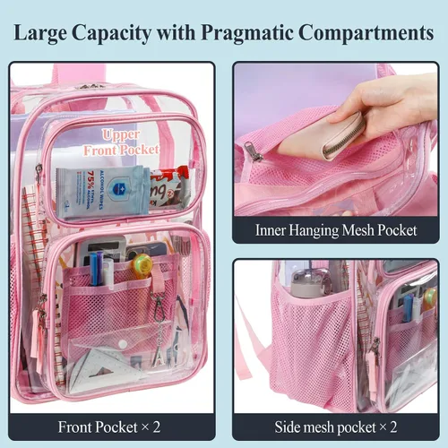 Miniatura 5 de PACKISM Mochila transparente para la escuela - Mochilas transparentes de PVC resistente de 17 pulgadas con múltiples bolsillos