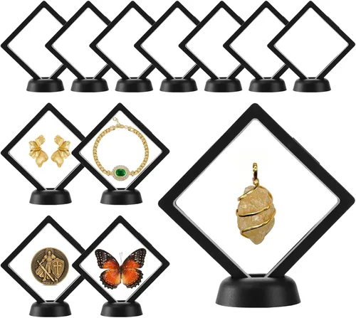 Miniatura 10 de 12 piezas de vitrina flotante 3D de 2.7 pulgadas, color negro, caja de almacenamiento de joyería de película transparente, soporte de marco