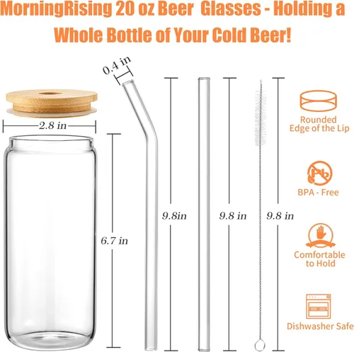 Miniatura 2 de Vasos de vidrio con tapas y pajitas de 20 onzas, juego de 12 vasos de vidrio para bebidas de cerveza con tapas de bambú, vaso con popote para café