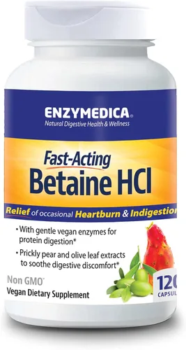 Enzymedica, Betaína HCl, Apoyo para la acidez estomacal y la indigestión ocasionales, 120 cápsulas