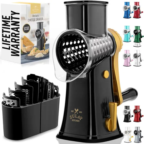 Zulay Kitchen Rallador rotativo de queso de 5 cuchillas, rallador de queso manual de manivela con succión reforzada y 5 tambores intercambiables,