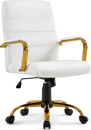 Topeakmart Silla de escritorio de oficina Silla ejecutiva de cuero sintético ajustable con marco dorado asiento blanco Blanco y dorado