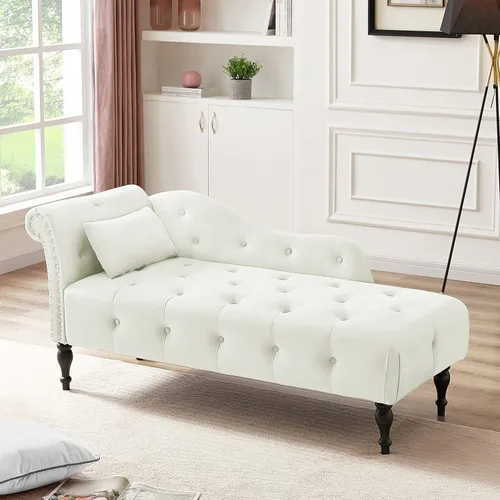 Chaise Lounge - Silla de terciopelo para interiores con almohada, con botones copetudos, brazo derecho, con ribete de cabeza de clavos y patas Blanco