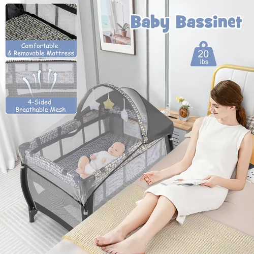Miniatura 6 de HONEY JOY Pack and Play, centro de guardería plegable 4 en 1 con moisés infantil de tamaño completo y cambiador de pañales, cuna portátil para niños