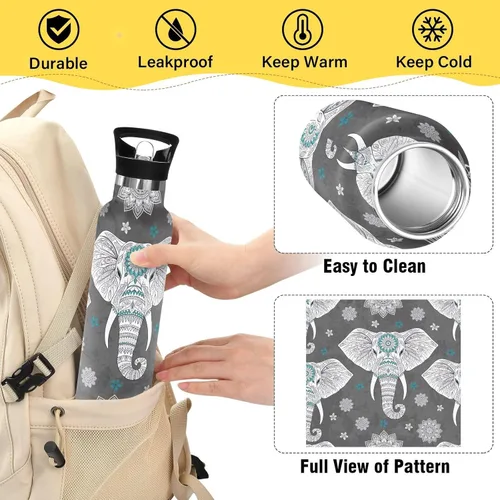Miniatura 4 de Kids Water Bottle with Straw 20 Oz, Water Bottle Stainless Steel for Travel or School, BPA-Free, Elephant Mandala Paisley White