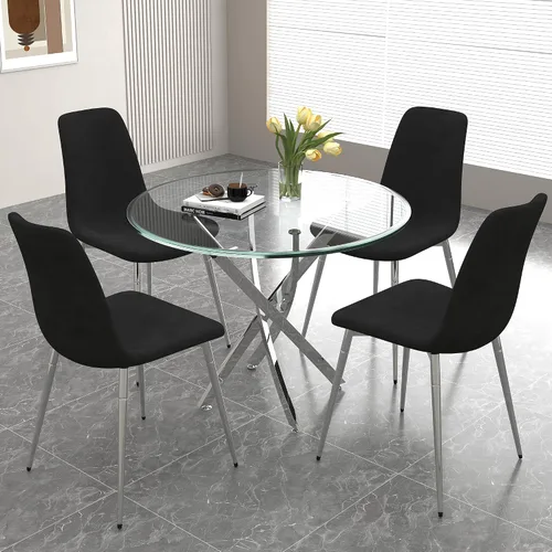 Miniatura 28 de Juego de mesa de comedor de cristal para 4, juego de mesa de cocina redonda dorada de 5 piezas con 4 sillas tapizadas negras, mesa de comedor